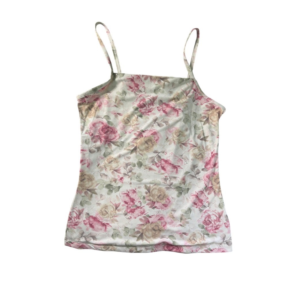 Ilusion Floral Cami Top Pink Yellow Rose Print Spaghetti Strap Medium 4410